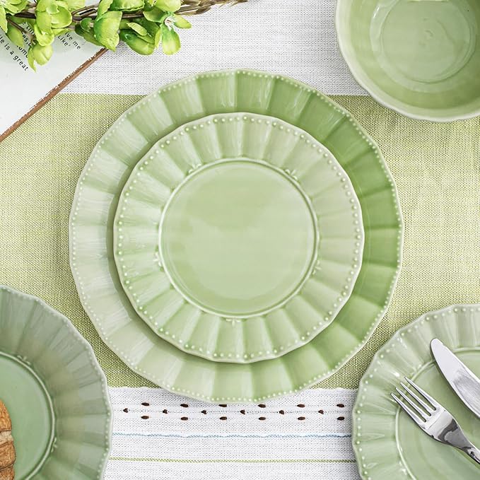 HOMBENE Dinnerware set 16 Piece plates and bowls sets for 4 Ceramic Mordern dish set for party Porcelain dish set House gift Microwavable safe Mint Glow Green