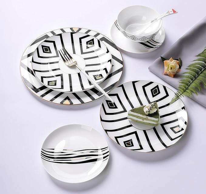 Fine Bone China Dinnerware SetPorcelain&ampCeramic Dinnerware SetsBone Stoneware &amp Ceramic Cookware Tableware Set Includes Dinner Plates|Spoons|Pasta Bowls|Soup Pot|Chopsticks (29PCS * 6-Person