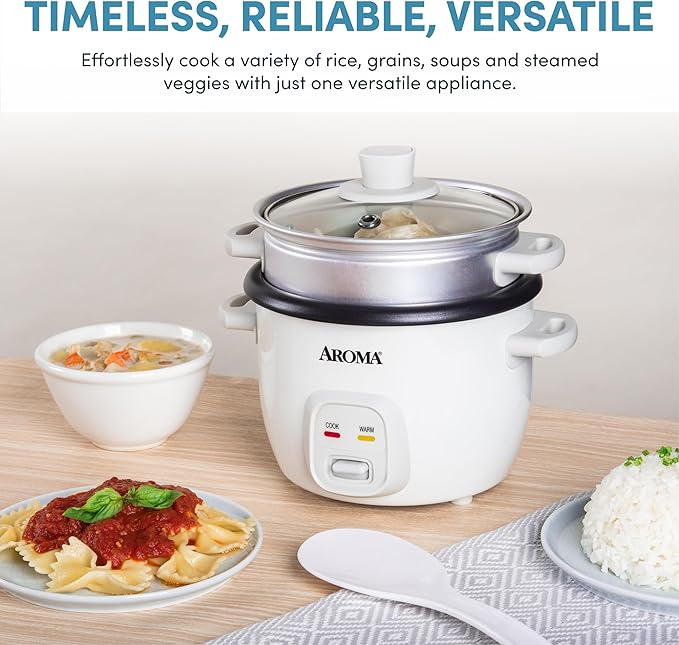 AROMA® Rice Cooker 2-Cup (Uncooked) / 4-Cup (Cooked) Steamer Grain Cooker Soup Maker Oatmeal Cooker Auto Keep Warm 1 Qt White ARC-302-1NG