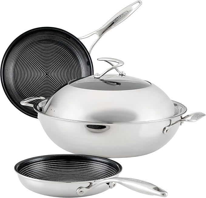 Circulon Clad Stainless Steel Induction Frying Pan and Wok Set with Hybrid SteelShield and Nonstick Technology 4 Piece - Stainless Steel