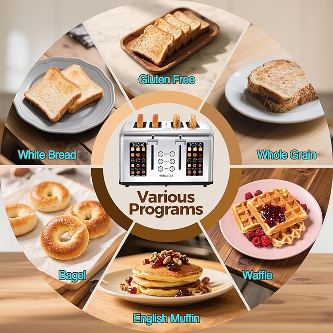 4 Slice Touch Screen Toaster Easy-to-Use Digital Stainless Steel Toaster with Wide Slots Reheat Defrost Cancel Removable Crumb Tray Silver