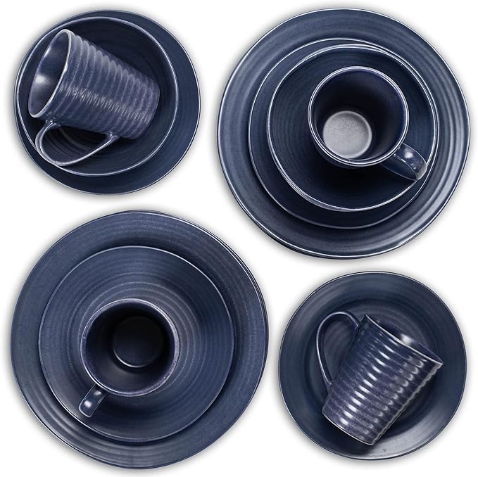 Elanze Designs Charming Chic Ribbed Modern Thrown Pottery Look Ceramic Stoneware Plate Platter Mug &amp Bowl Kitchen Dish Dinnerware 16 Piece Set - Service for 4 Navy Royal Blue