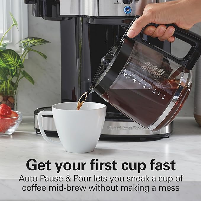 Hamilton Beach 2-Way Programmable Coffee Maker 12 Cup Glass Carafe And Single Serve Coffee Maker Black with Stainless Steel Accents 49980RG