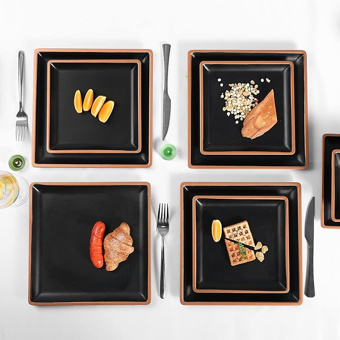 Melamine Dinnerware Sets Service for 4 Square Dinner Plates and Bowls Set12-Piece Set Non-breakable Lightweight Dinner Tableware for Indoor/Outdoor Use