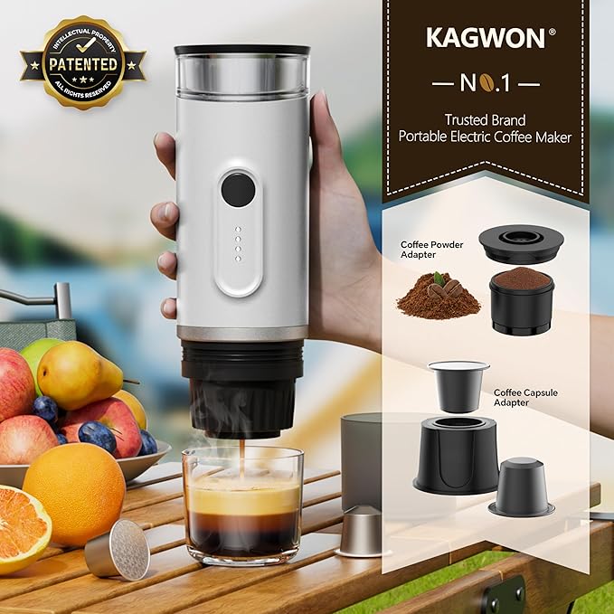 Portable Electric Espresso Machine Self-Heating Travel Coffee Maker with USB-C Compatible with Ground Coffee &amp NS Capsules Ideal for Camping Car RV Hiking &amp Office (White)