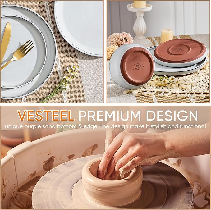 Vesteel 12-Piece Dinnerware Set Ceramic Plates and Bowls Set for 4 Reactive Glaze Tableware Set with Purple Clay Base for Home Chip &amp Scratch Resistant Stoneware Moonlight White