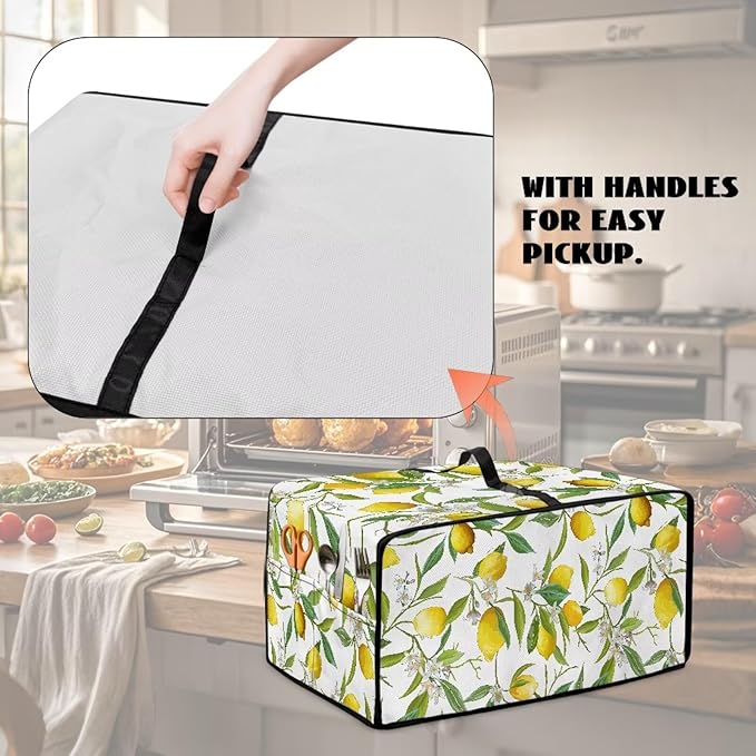 Lemon Flower Toaster Oven Cover Heavy Duty Heat-resistant Protective Case Faux Linen Polyester Protector with Handle &amp Pockets for Everyday Home Kitchens