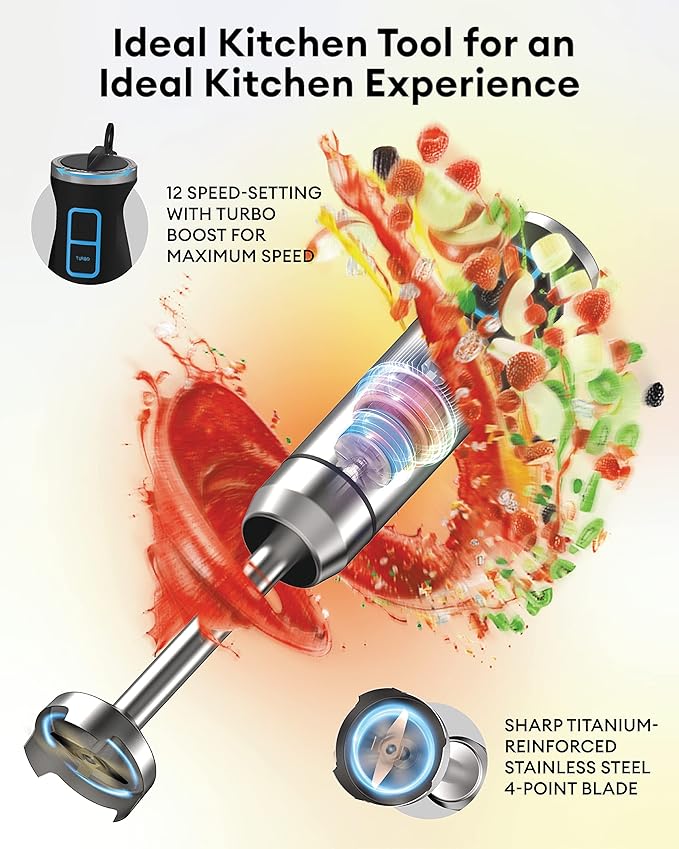 2023 Immersion Hand Blender 3-in-1 800W Turbo 12-Speed Stick Mixer with Titanium Stainless Steel Blades for Blending Pureeing Whisking &amp Frothing Black