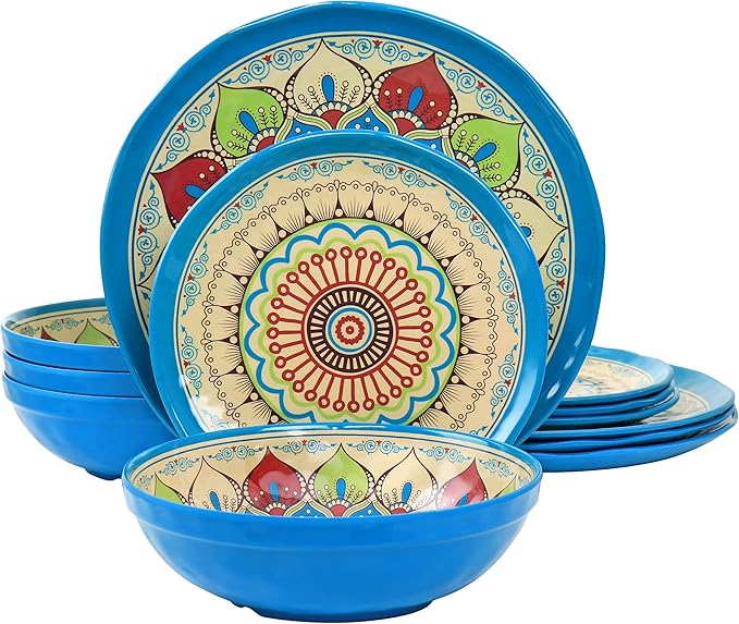 Elama Camilla 12 Piece Melamine Dinnerware Set Multi Colored