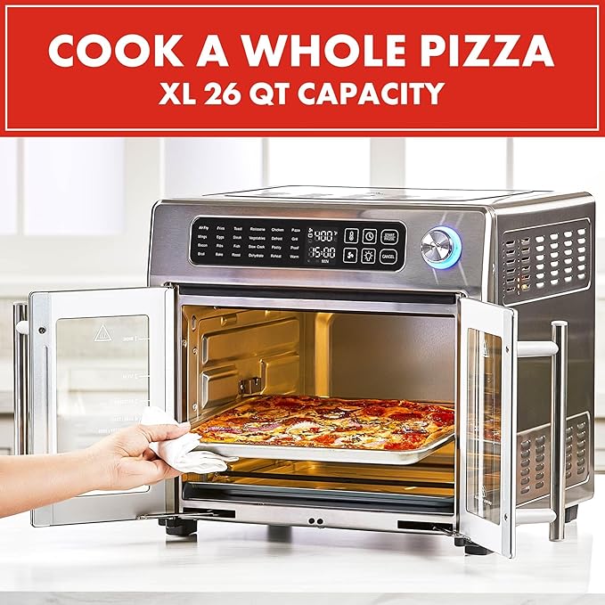 Emeril Lagasse Extra Large French Door Air Fryer Toaster Oven Combo 24 Cooking Functions and Digital Controls 7 Accessories Included Stainless Steel Finish 26QT Capacity