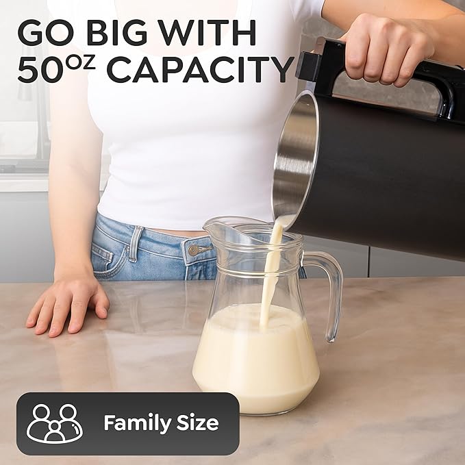 Poshy Nut Milk Maker 50 oz (1.5 L) – Ultra Filtration (No Mesh Bags) Self-Clean Quiet Motor Texture Control – Almond/Oat/Soy – Stainless Steel 120V