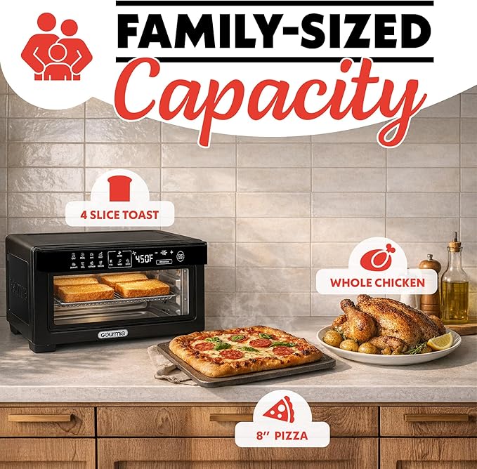 Gourmia Toaster Oven Digital Air Fryer - Convection Mode with 4 Slice Capacity 3 Rack Positions 12 Presets Toast Bagel Bake Roast Broil Dehydrate Popcorn Fits 9 Pizza Black