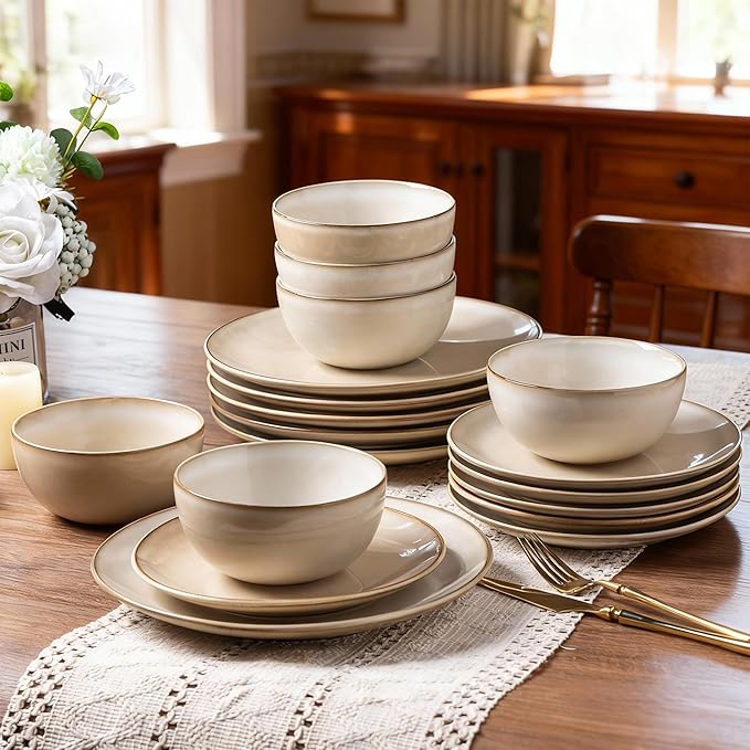 AmorArc Stoneware Dinnerware Sets for 6 18 Pieces Handpainted Ceramic Plates and Bowls Set Scratch Resistant Dishes Set Dishwasher &amp Microwave Safe Cappuccino