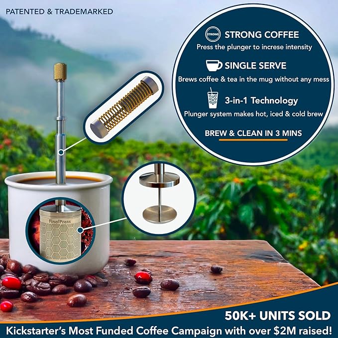 FinalPress Original Coffee &amp Tea Maker – Portable Stainless Steel Micro French Press – Patented 3-in-1 Technology for Hot Iced &amp Cold Brew – Perfect for Home Camping &amp Travel