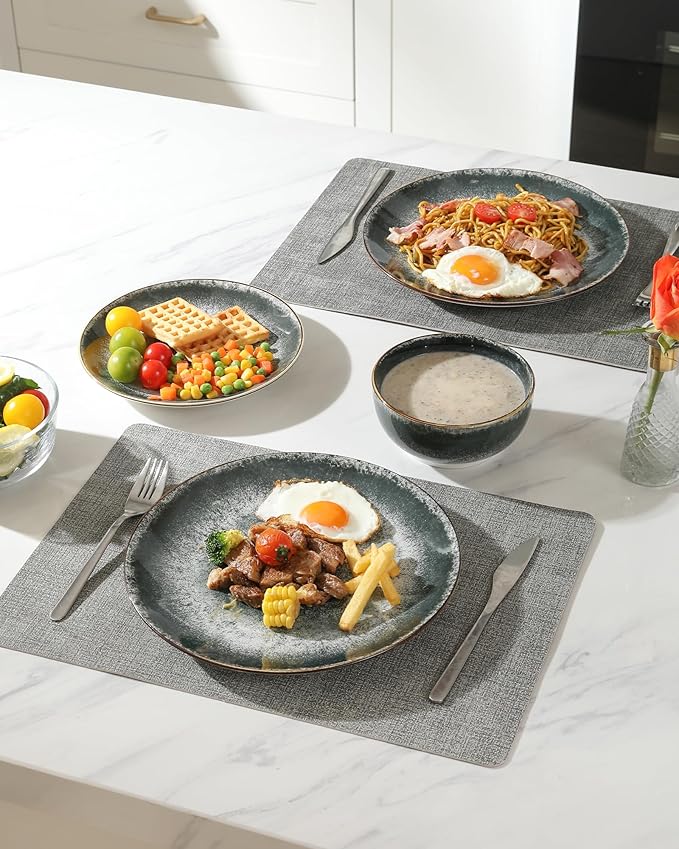 Sweejar Dinnerware Sets Service for 4 12 pcs Porcelain Plates and Bowls for Kitchen Housewaring Gift Chip and Scratch Resistant Dish Set Handmade Dishwasher and Microwave Safe Plate Set DarkGray