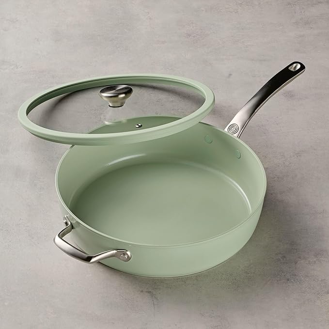 Circulon Halo with LaserDefense Ceramic Nonstick Saute Pan with Helper Handle and Lid Made without PFAS Compatible with All Stovetops Dishwasher and Oven Safe 5 Quart Multipurpose Pan - Sage