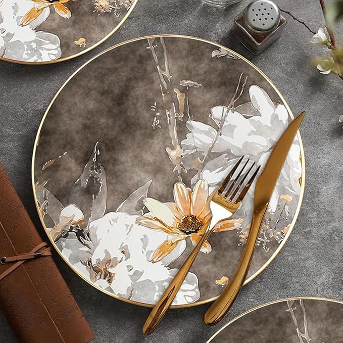Artistic light luxury style Dinnerware Set service for 6Lightweight Round Plates Bone China Dinnerware SetsSteak Dinner Plates Dish Set (24Pcs) a beautiful gift