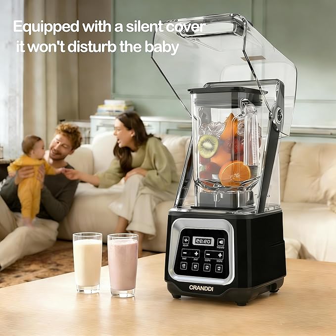 CRANDDI Commercial Smart Smoothie Blender - 2200W High-Power Professional Blenders for Smoothies &amp More 4 Pre-Set Programs Quiet Blender with Removable Shield 52oz Jar 120V K80TS (Black)