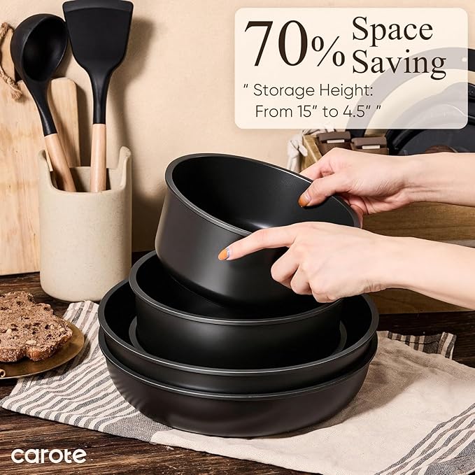 19-Piece Non-Stick Cookware Set with Detachable Handles - Versatile Induction Safe Pots and Pans for Easy Cooking and Storage
