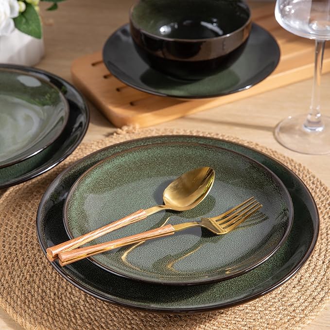 LERATIO Ceramic Dinnerware Sets for 8Stoneware Plates and Bowls SetsHandmade Reactive Glaze Dishes SetChip Resistant and Scratch Resistant | Oven&ampDishwasher &amp Microwave Safe-Green(28PCS)