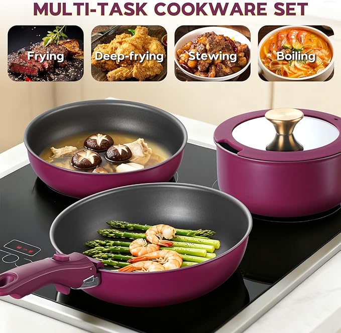 Walchoice 5Pcs Pots and Pans Set Granite Nonstick Cookware Set with Detachable Handle Stackable Kitchen Cooking Set with Saucepan Frying Pans Induction Compatible &amp Oven Safe - Purple