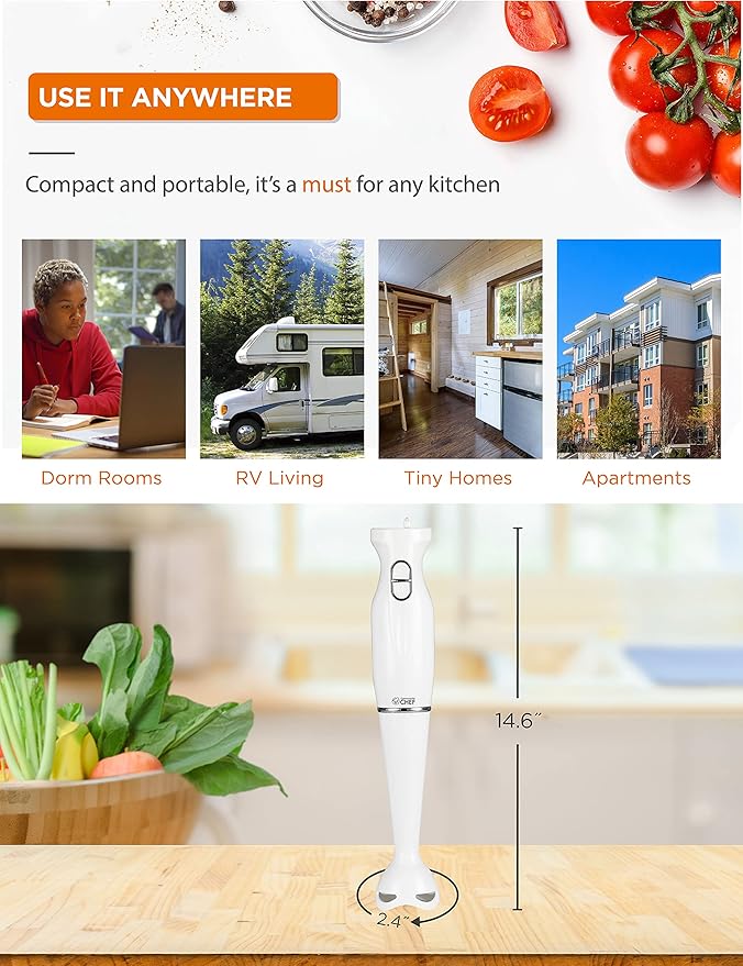 COMMERCIAL CHEF Immersion Blender Hand Blender with Stainless Steel Blades Immersion Blender with Quiet Motor Electric Mini Blender for Delicious Food