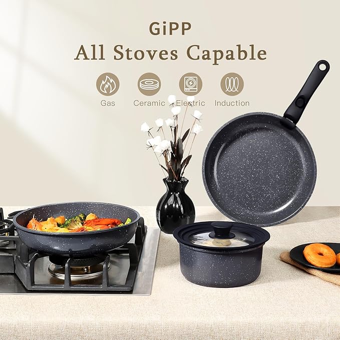 GiPP Ceramic Pots and Pans Set Non Stick Nonstick Detachable Handle Cookware Sets Healthy Non Toxic PFAS PFOA &amp PTFE Free Dishwasher ＆Oven Safe Induction Kitchen Pot and Pan 21 Piece Grey