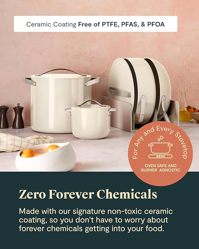 Caraway Cookware+ Collection - Specialty Cookware Set - Petite Cooker Stir Fry Pan Rondeau &amp Stock Pot - 3 Lids &amp Storage Organizer Included - Cream