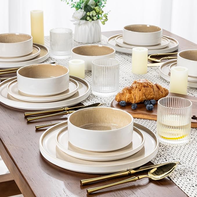 AmorArc Ceramic Dinnerware Sets Handmade Reactive Glaze Stoneware Plates and Bowls SetsHighly Chip and Crack Resistant | Dishwasher &amp Microwave Safe Dishes Set Service for 4 (12pc)