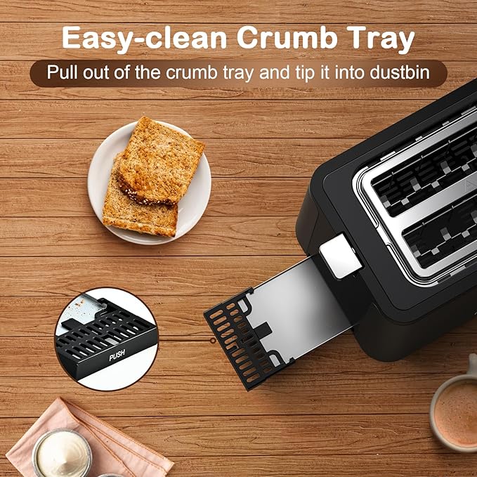 Mecity Toaster 2 Slice Stainless Steel Body Timer Bagel Defrost Reheat Cancel Functions Warming Rack Removable Tray 6 Browning Settings Extra Wide Slots Bread Toaster 120V 800W Black
