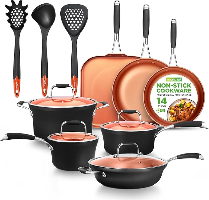NutriChef 14-Piece Nonstick Kitchen Cookware Set – PFOA/PFOS-Free Copper/Hard-Anodized Induction Compatible Stackable Luxury Design Includes Pots Pans Jumbo Cooker Griddle and Utensils