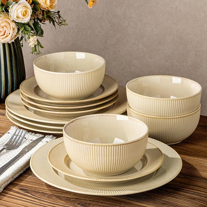 TheTerra Stoneware Dinnerware Sets for 4 12 Pieces Ceramic Plates and Bowls Sets Scratch Resistant Embossed Dish Set Oven Microwave &amp Dishwasher Safe Cappuccino