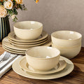 TheTerra Stoneware Dinnerware Sets for 4 12 Pieces Ceramic Plates and Bowls Sets Scratch Resistant Embossed Dish Set Oven Microwave &amp Dishwasher Safe Cappuccino