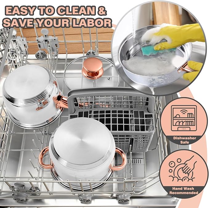Walchoice 8-Piece Stainless Steel Cookware Set Kitchen Pots and Pans Set with Glass Lid for Cooking Kitchen Cookware Set with Utensils Induction &amp Dishwasher Safe Copper