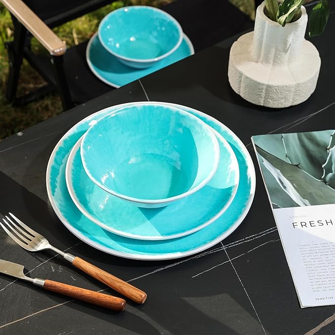 Melamine Dinnerware Sets 12 Pcs Melamine Plates and BowlsParty Plates and Bowls Sets Camping Dishes Set for 4 Unbreakable BPA Free Dishwasher Safe （Lake Green）