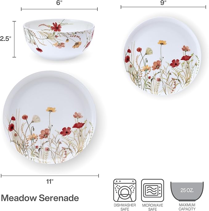 Mikasa Meadow Serenade 12 Piece Floral Bone China Durable Chip Resistant Lightweight Dinnerware Set Service for 4