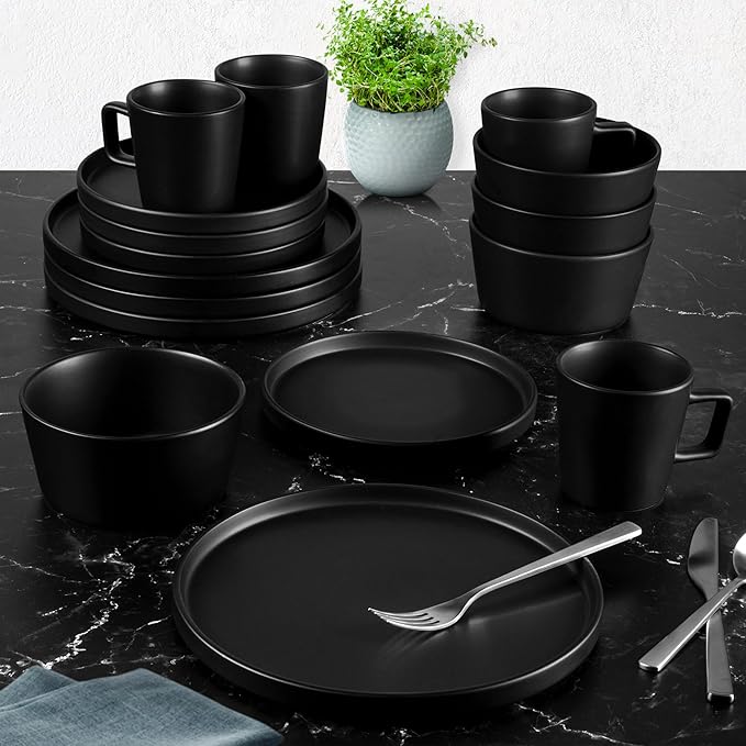 Zulay Kitchen Terra Plates and Bowls Sets 16 Piece Modern Stoneware Dish Set for 4 Chip and Scratch Resistant Ceramic Dinnerware Set Microwave and Dishwasher Safe Matte Black