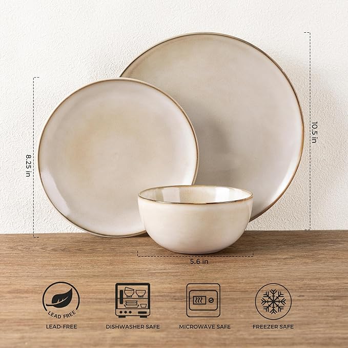 GBHOME Ceramic Dinnerware Sets for 8 24 Pieces Stoneware Plates and Bowls Sets Reactive Glaze Dishes -Scratch Resistant Dishwasher&ampMicrowave Safe-Cappuccino