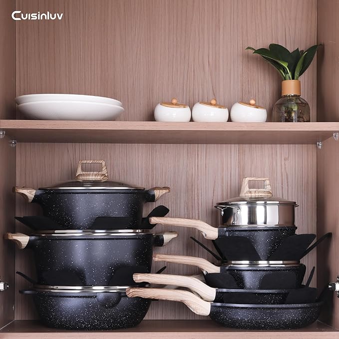 23Pcs Pots and Pans Set Non Stick Kitchen Cookware Sets Granite Induction Cookware Non Stick Cooking Set w/Frying Pans Saucepans Griddle EggPan (Black)