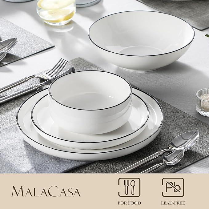 MALACASA Plates and Bowls Sets 24 Pieces Modern Porcelain Dinnerware Set for 6 Ceramic Dishware Dishes White Kitchen Dinner Dining Ware Set wtih Black Rim Microwave and Dishwasher Safe Series LUNA