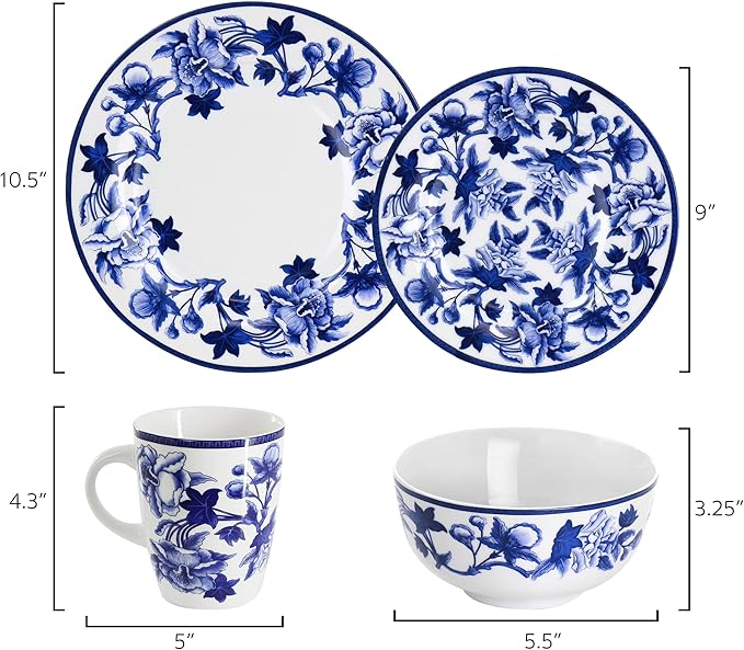 Elama Cattleya Orchid Design 16 Piece Round Porcelain Dinnerware Set in Blue and White Tableware Set Service for 4