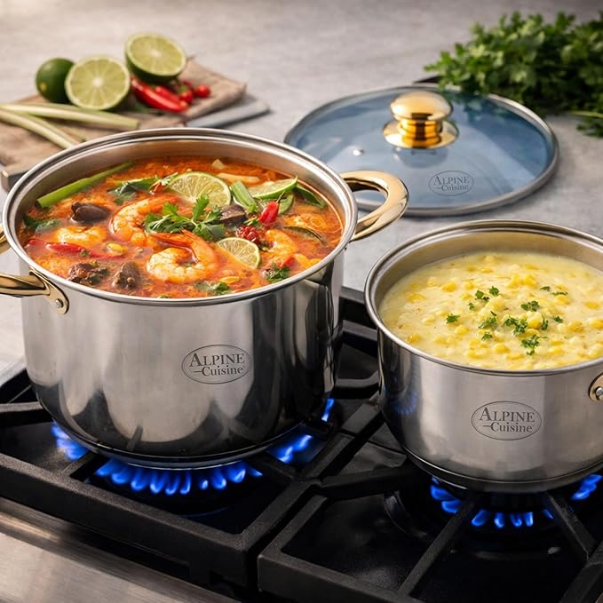 Alpine Cuisine 12-Piece Stainless Steel Cookware Set with Blue Glass Lids &amp Gold Handles – Nonstick Fry Pan Stock Pot &amp Sauce Pots – Induction Compatible Mirror Polish Kitchen Cooking Set