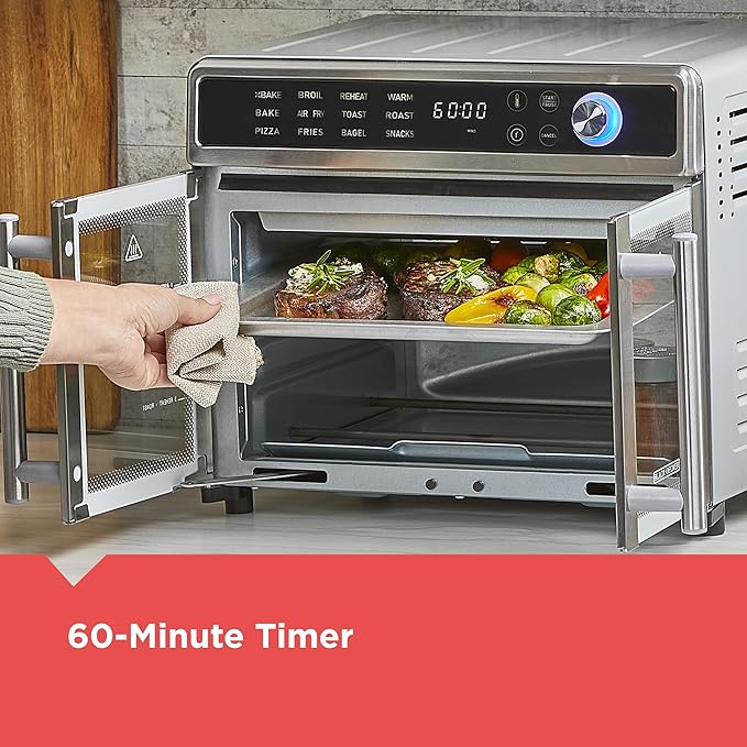 BLACK+DECKER Crisp 'N Bake Air Fryer Toaster Oven Combo 12 in 1 Countertop Convection Oven Cooks Food Fast Fits a Whole Pizza or 6 Toast Slices French Doors with Stainless Steel Finish