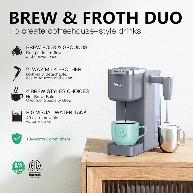 Single Serve Coffee Maker with Built-in Detachable Milk Frother Iced and Hot Coffee Machine for K Cup &amp Grounds 40oz Removable Water Reservoir 6 Cup Sizes Fits 7.3 Travel Mug Gray
