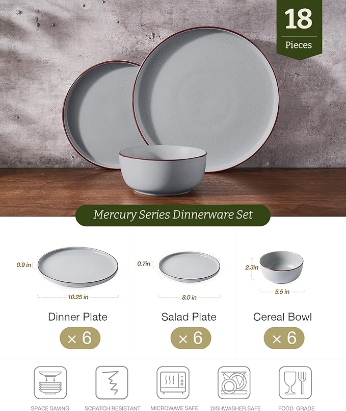 Famiware Mercury Plates and Bowls Sets 18 Pieces Stoneware Dinnerware Sets Dishes Set for 6 Microwave and Dishwasher Safe Light Grey