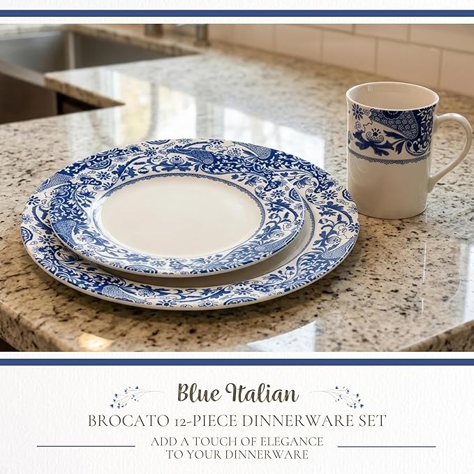 Spode Blue Italian Brocato 12 Piece Dinnerware Set | Service for 4 | Dinner Plate Salad Plate and Mug | Made of Fine Earthenware | Microwave and Dishwasher Safe