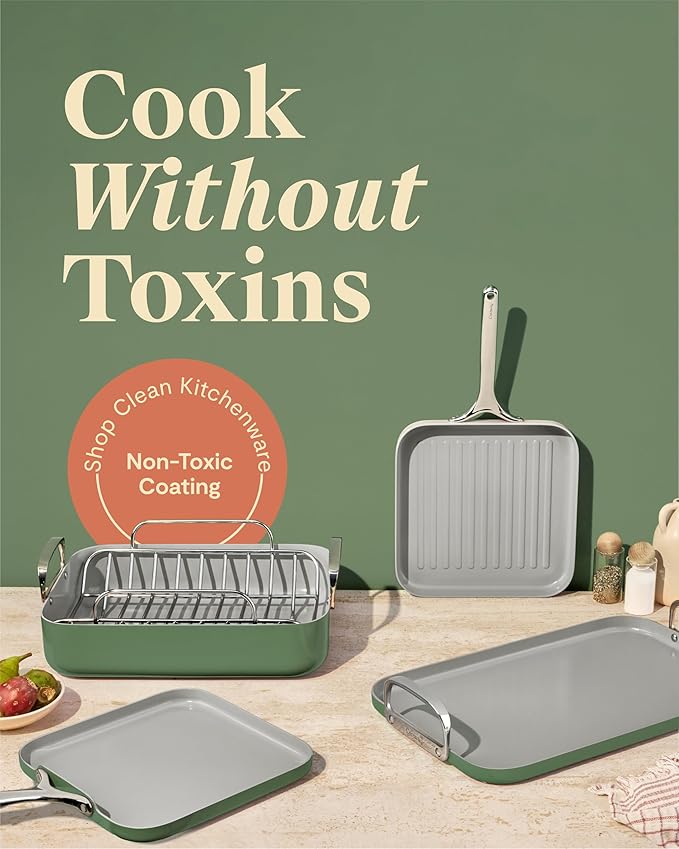 Caraway Square Cookware Set - Square Pans Set - Perfect for Griddling Toasting Searing Roasting and More - Non-Stick Ceramic Coated Pans - Non Toxic PTFE &amp PFOA Free - Sage