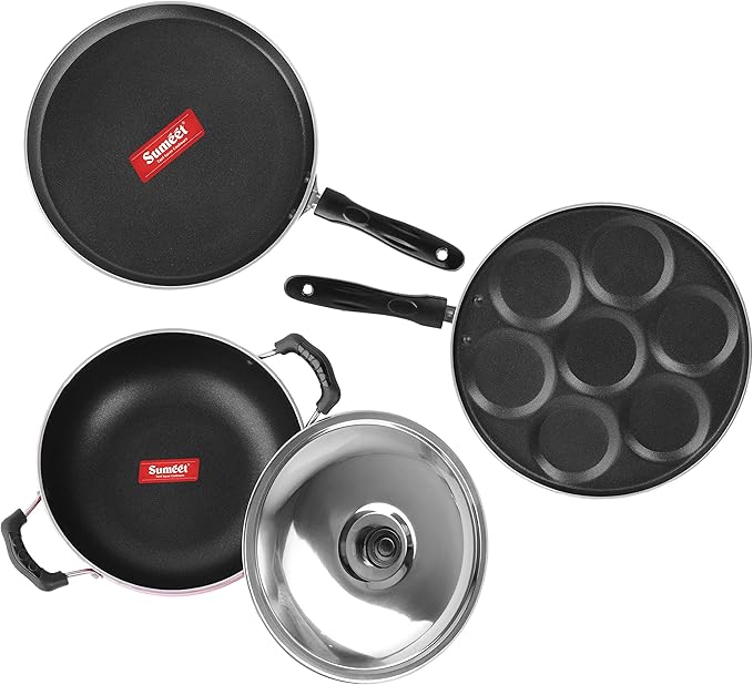Sumeet 2.6mm Thick Non-Stick Strawberry Combo set (Dosa Tawa – 26.5cm Dia + Multi snack maker – 26.5cm Dia + Kadhai With Lid – 1.5Ltr capacity- 20cm Dia)