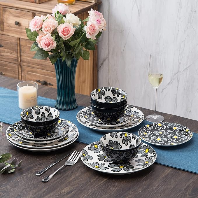 12-pieces Dinnerware Set Ceramic Dish Set Plates Sets Service for 4 Bowl Sets Stoneware Dinnerware Sets 12pcs Plate and Bowl Set for kitchen