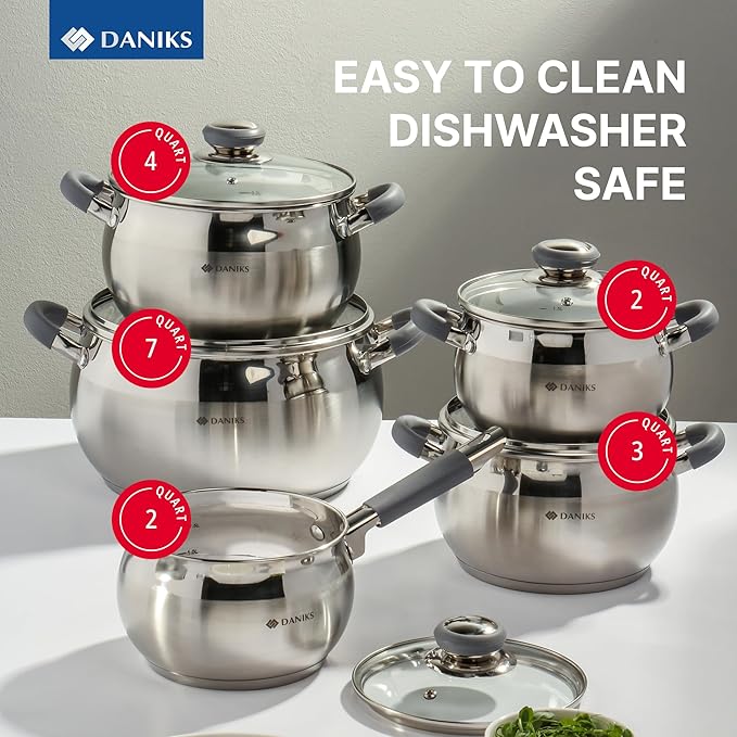 Daniks Modern 10-Piece Stainless Steel Cookware Set with Glass Lids Includes Saucepan Tri-Ply Bases for Even Heating Induction Compatible Dishwasher Safe Heatproof Handles